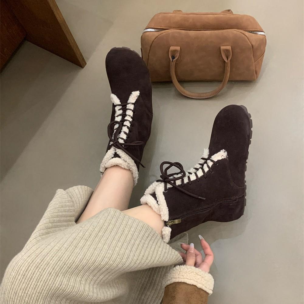 2025 Autumn and Winter New Round Head Velvet Lamb Wool Low Tube Thin Martin Snow Shoes Warm Women's Short Boots