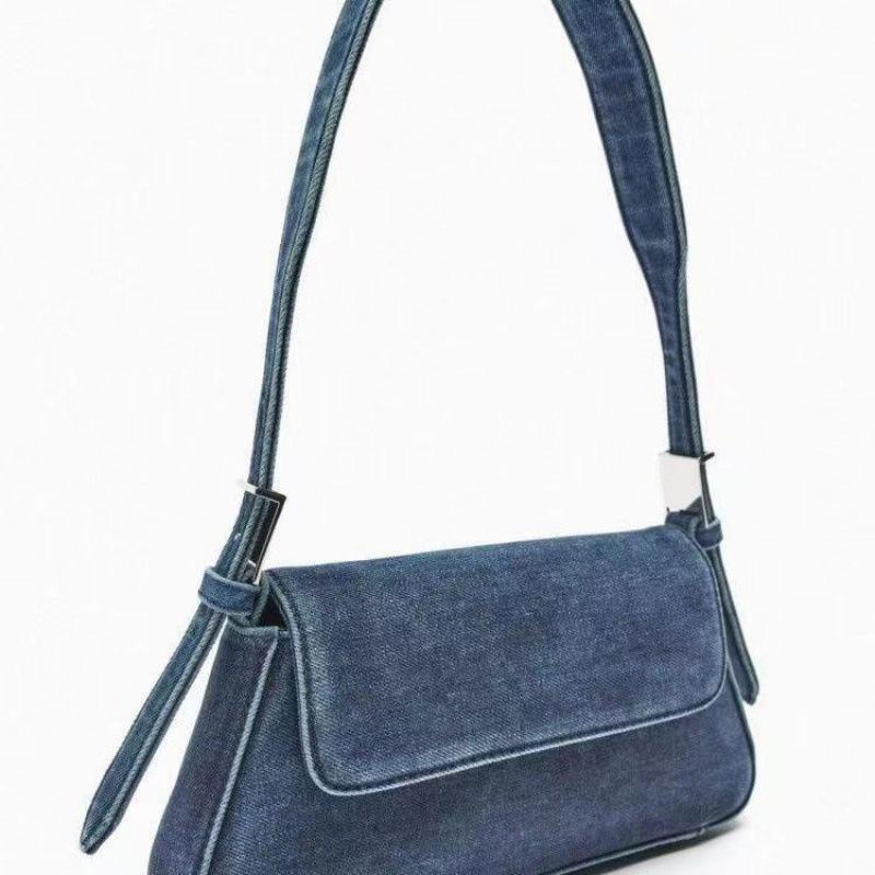 Women's Versatile Blue Denim Baguette Shoulder Bag