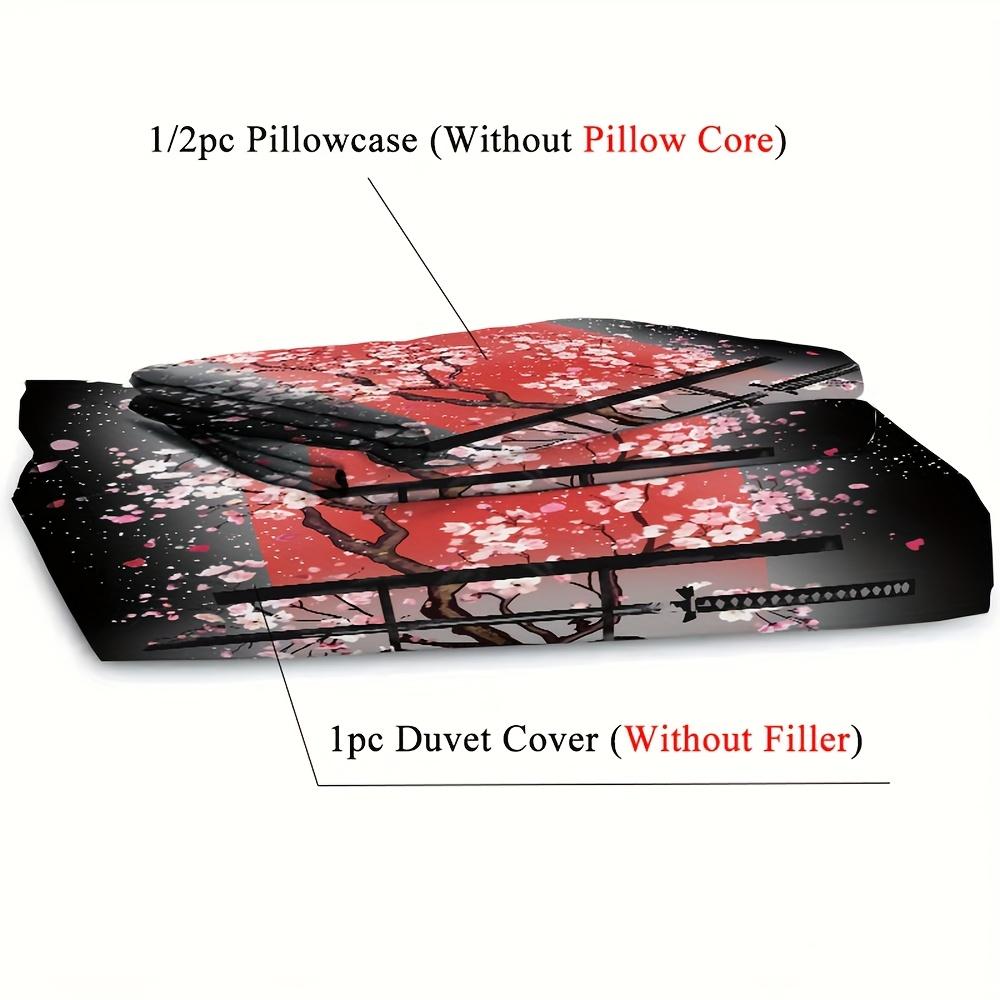 2/3pcs Japanese Black White Ink Style Samurai Sword Red Sakura 3D Print Duvet Cover Set 1 Duvet Cover 1/ 2 Pillowcase