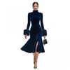 Elegant Velvet Bodycon Dress High Neck Long Sleeve Feather Detail Cocktail Party Wear