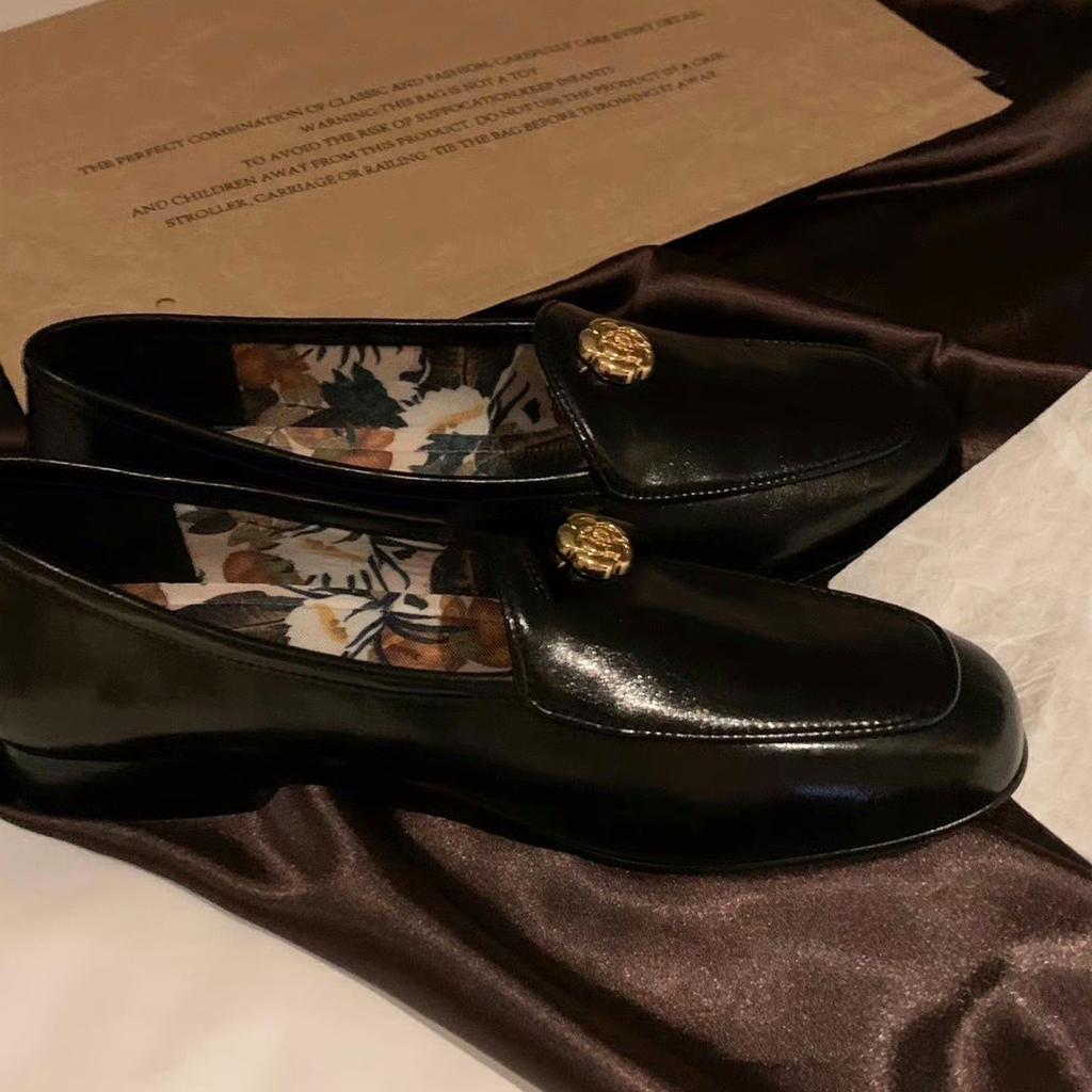 Sheepskin Version~ Extravagant French Camellia Round Head One-pedal Commuting Loafers Leather Flat-soled Single Shoes Small Leather Shoes