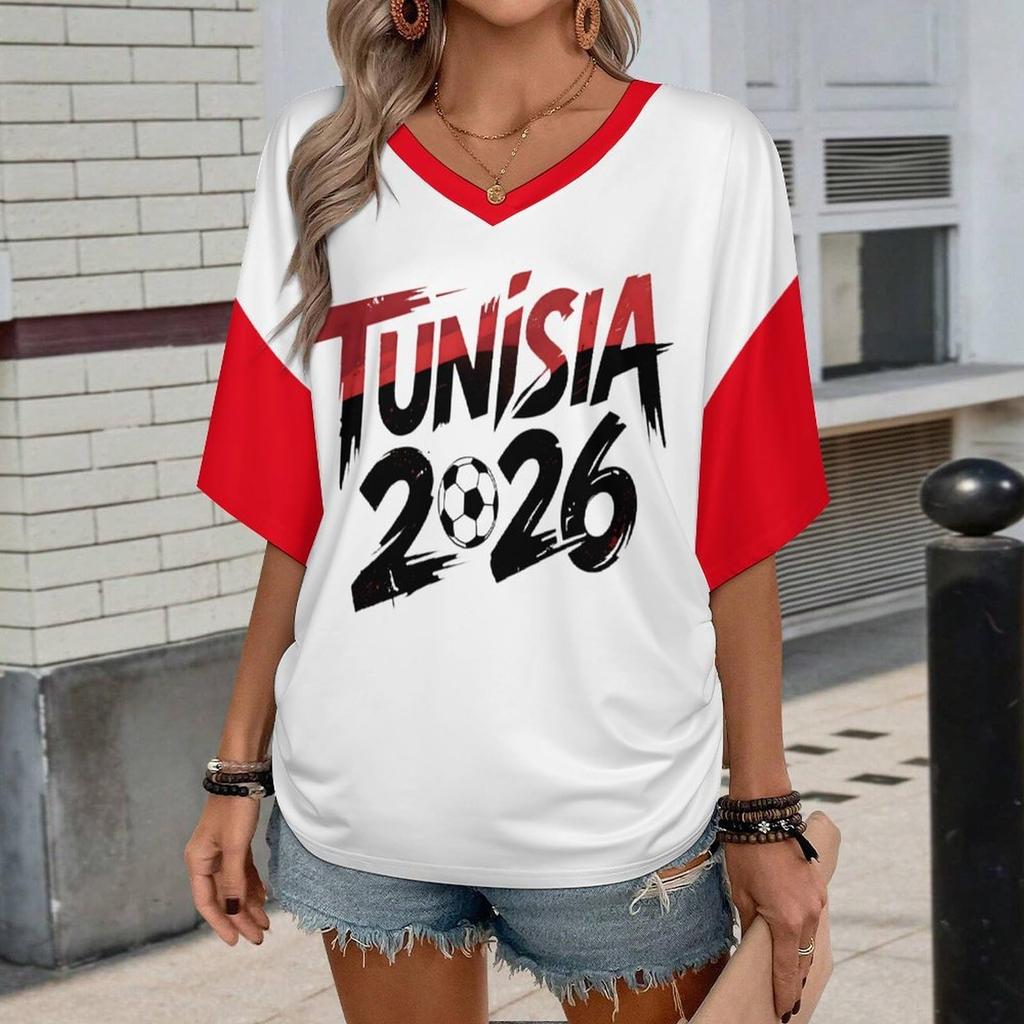Women V Neck Short Sleeve Pullover T Shirt with Letter Print Casual Loose Fit Top for Soccer Support and Events