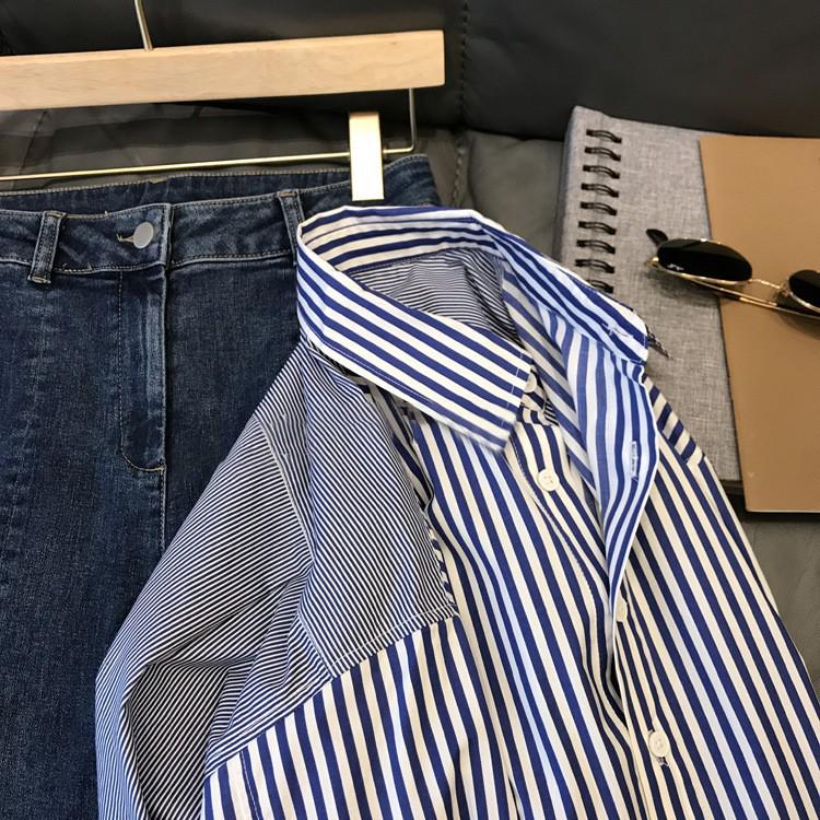 Kadınlar için Şık Mavi & Beyaz Çizgili Uzun Kollu Gömlek - Şık Sonbahar Tasarımı