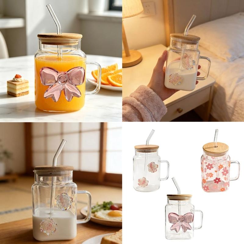 Premium Glass Tumblers With Ergonomic Handle And Straw Wooden Lid For Hot and Cold Drink Juice Coffee Tea Drinking Mug