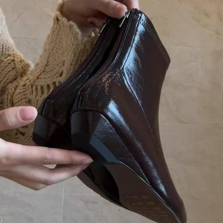 Cowhide Version Retro Simple Thin Boots Rear Zipper Square Head Temperament Wedge 2.5cm Short Boots Thin Elastic Boots
