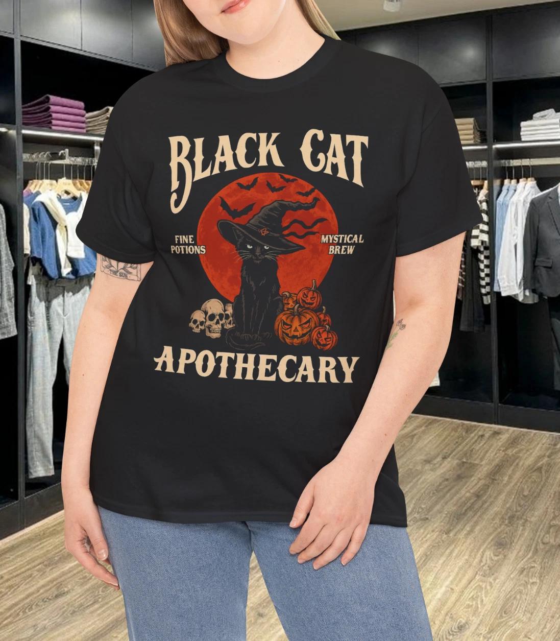 

Black Cat Apothecary Halloween Witch Hat Vintage Spooky Pumpkin Graphic T-Shirt L