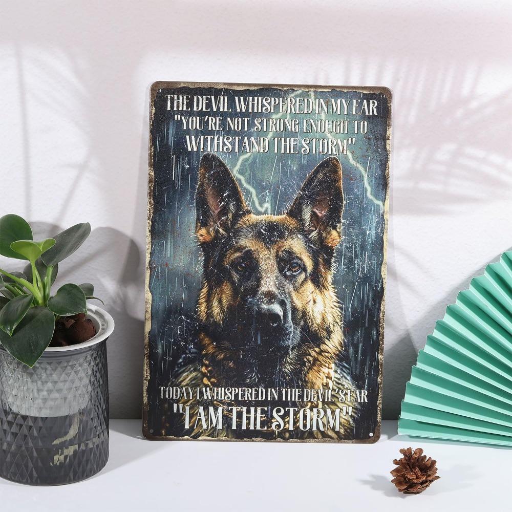 GLOBLELAND German Shepherd Tin Sign - "Ich Bin Der Sturm" Black Dog Vintage Metal Wall Decor