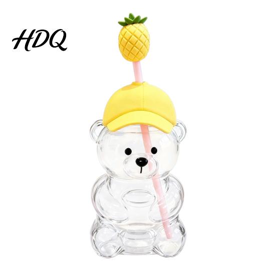 Transparent Drink Cup Cute Bear Glass with Straw & Lid 500/591ml Plastic/Glass Water Bottle for Juice With Cold/Hot Drinks Pattern Coffee