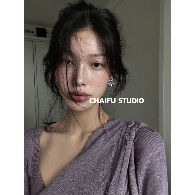 Chaifu Studio/E759 European and American Style Pleated Lava Metal Flower Earrings with Diamonds, Bold and Exaggerated Earrings Silver Pair