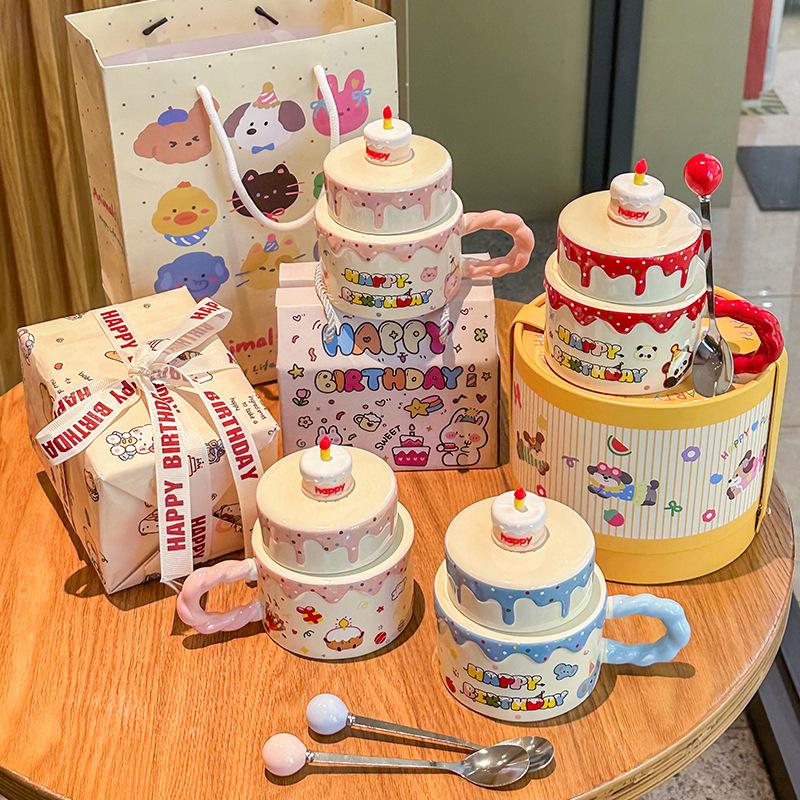 High-value cute cake cup with lid spoon ceramic mug coffee cup for girls' birthday gift