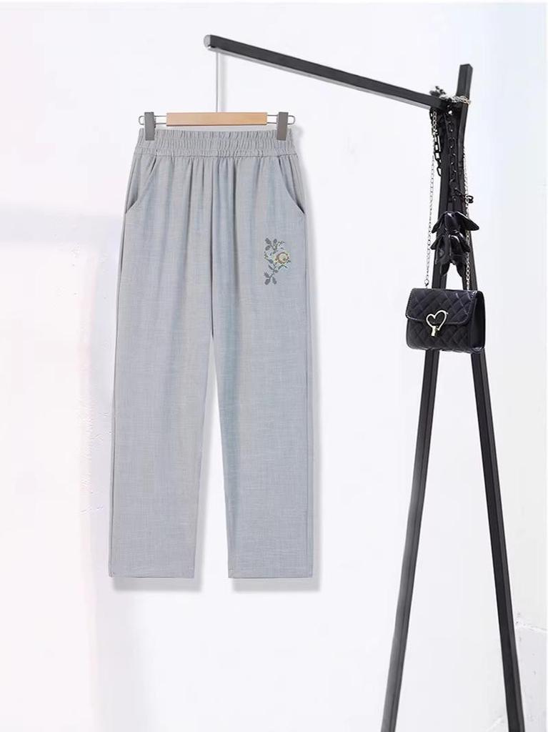 Mom's Summer High-Waisted Elastic Straight Leg Embroidered Pants for Middle-Aged Women