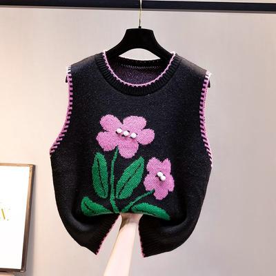 Round Neck Knitted Vest Embroidered Flowers Splicing Color Design Women's Knitted Pullover Sweater Loose Casual Top Autumn
