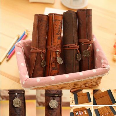 Treasure Map Roll Case Bag Purse Pouch Cosmetic Make Up PU Bag Leather Pen Pencil Case for School