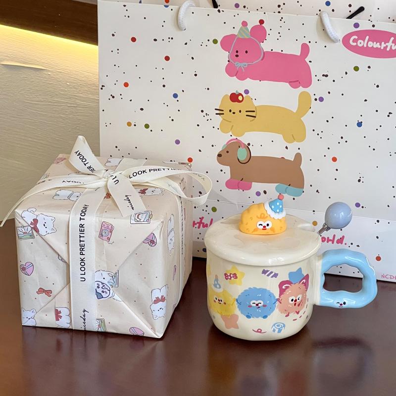 Cute Cartoon Coal Ball Ceramic Mug with Lid Couple Water Cup Girl Birthday Gift Girlfriend Souvenir Gift Box
