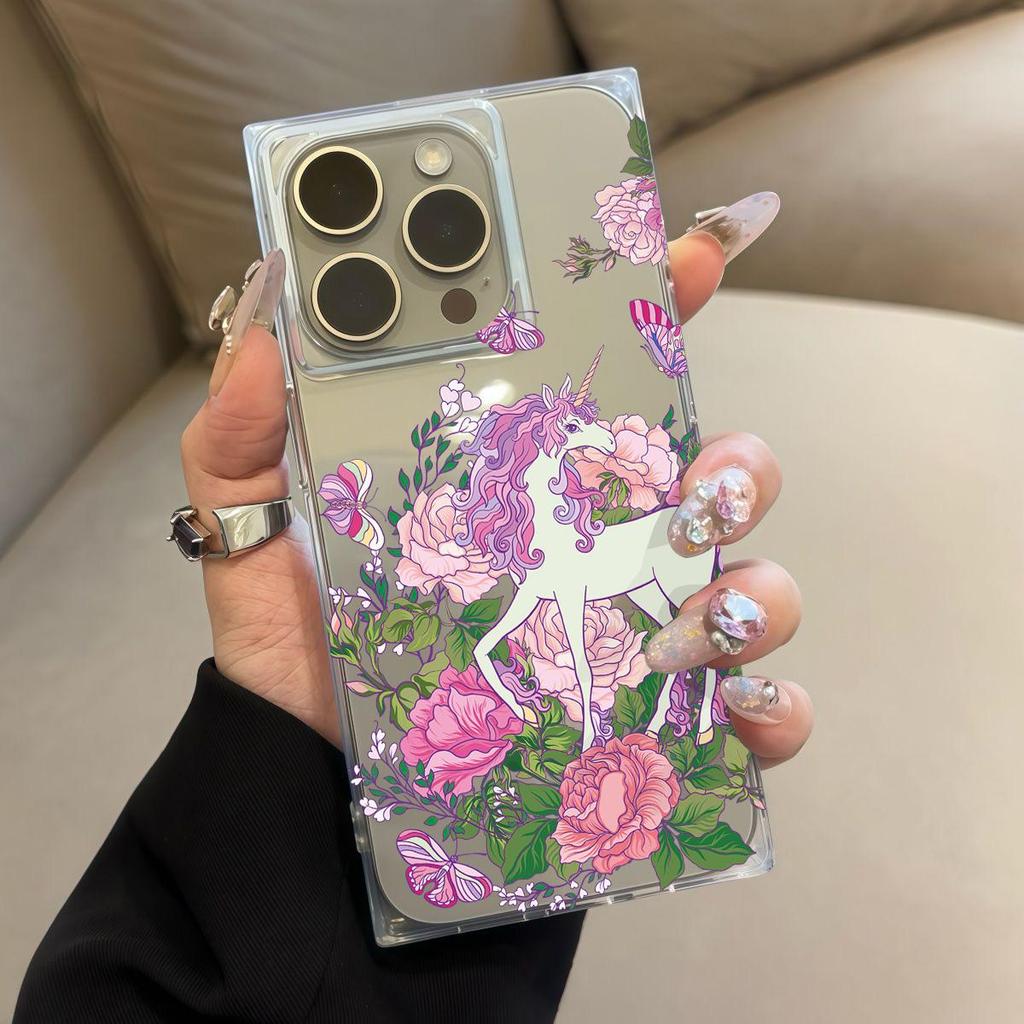 Clear Square Back Tube Case Protection For iPhone 13 14 Pro Max 16 ProMax 15 Plus 12 11 Anti-Oxygen,Butterfly Unicorn Pattern Casing