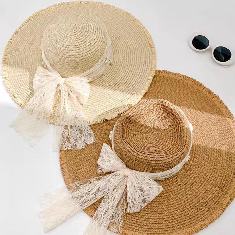 Summer big brim sun hat women's fashion ins seaside sun protection straw hat pastoral pearl face small sun hat
