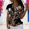 Women Plus Size Short Sleeve Vintage Magnolia Jewel Floral Print Shirt Lapel V Neck White Button Down Casual Loose Blouse Daily Wear Tops