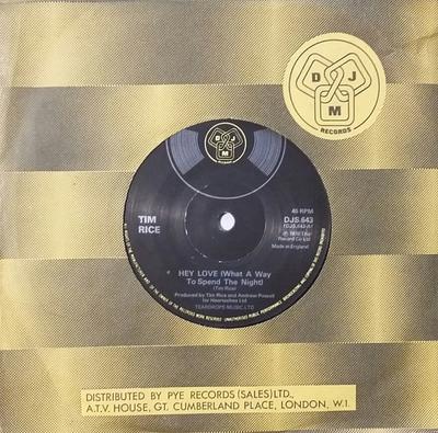 7-Zoll-Schallplatte TIM RICE - Hey Love (Was für eine Art, die N DJS643 DJM Records 1976 UK Pop Gebraucht zu verbringen