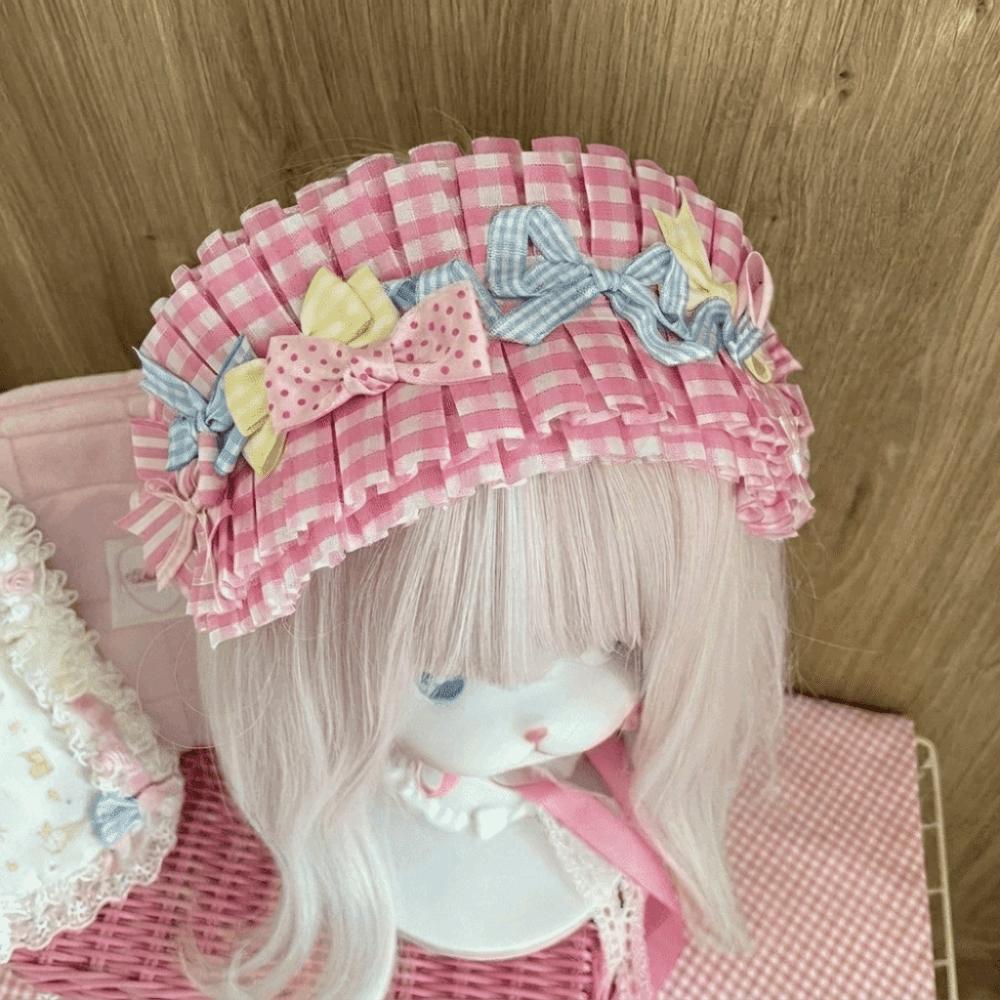Elegant Pink Plaid Headband Imitation Pearl Lolita Hair Band Lace Bow Hair Accessory  Daily Wear