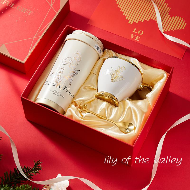 316 Stain Steel Thermos Cups 500ml Coffee Mug with Spoon Set of 3, Floral Ceramic Mug Gift Box for Birthday Wedding Christmas Valentine's Day