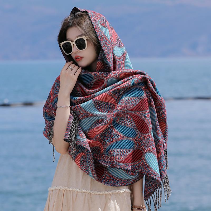 The photo is so beautiful~ Red travel scarf Qinghai Xizang desert ethnic style imitation cashmere thermal shawl women's cape