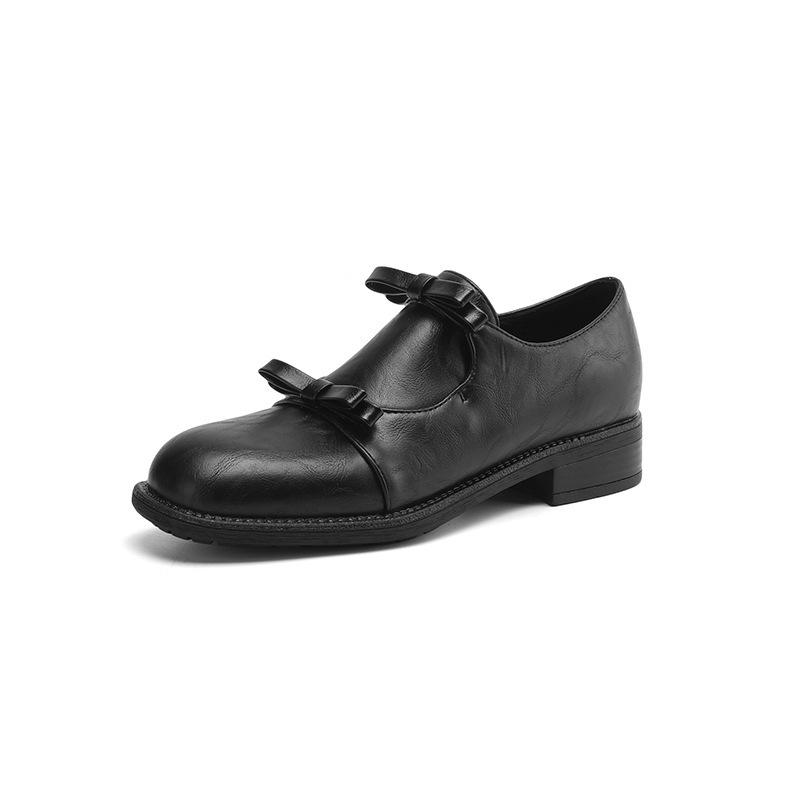 New Women's Flat Shoes Casual Solid Color Four-season Single Shoes Black Square Heel Round Head Leather Shoes One Pedal Large Size Shoes