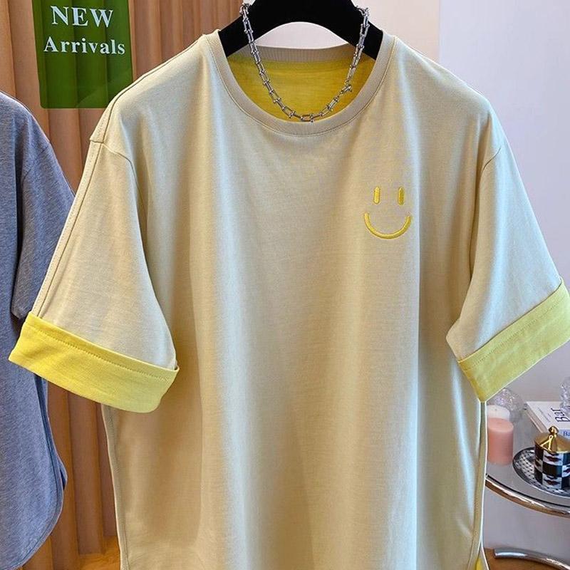 T-shirt Women Embroidery Summer Casual Large Size Loose Round Neck Pullover Short-sleeved Tops