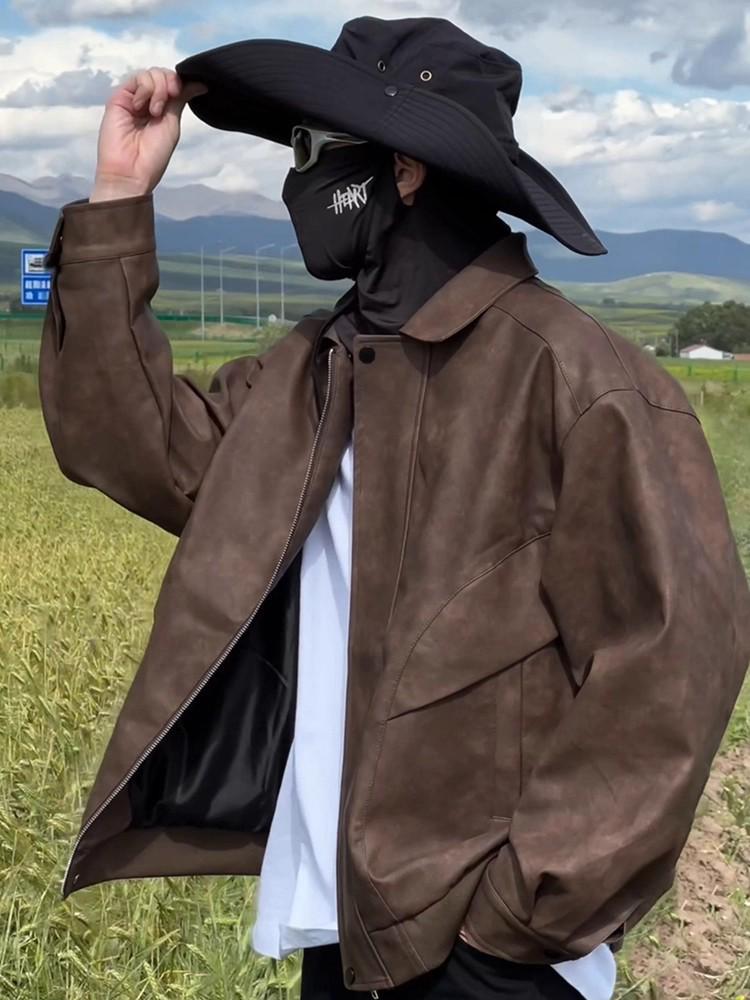 Men's Maillard Brown Waterproof Leather Biker Jacket - Spring/Autumn Turn-Down Collar