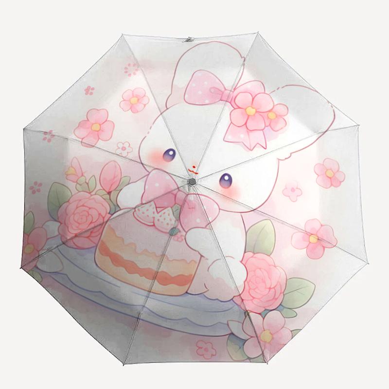 1pc Cake and Cute Bunny Automatic 3-Fold Fashion Umbrella Design, Cute Cartoon Pattern, Portable Outdoor Umbrella, Perfect, Holiday Gift for Disney Fa