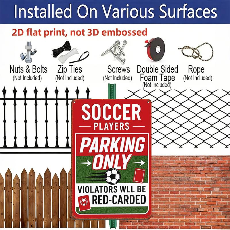 2D Flat 1pc Soccer Players Parking Only Metal Sign 7.87x11.81inch - Aluminum Funny Sports Parking Decor for Home, Garage, Driveway, Man Cave