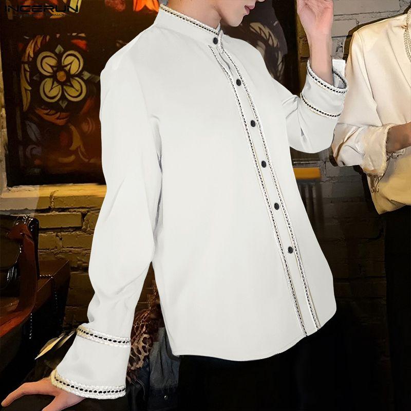 INCERUN Men Stand Neck Stitching Buttons Up Casual Long Sleeve Shirts