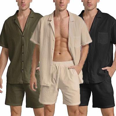 Nuovo Set Due Pezzi Estivo da Uomo Tinta Unita Camicia a Maniche Corte e Pantaloncini Completo Abbigliamento da Spiaggia per Vacanze da Uomo in Lino