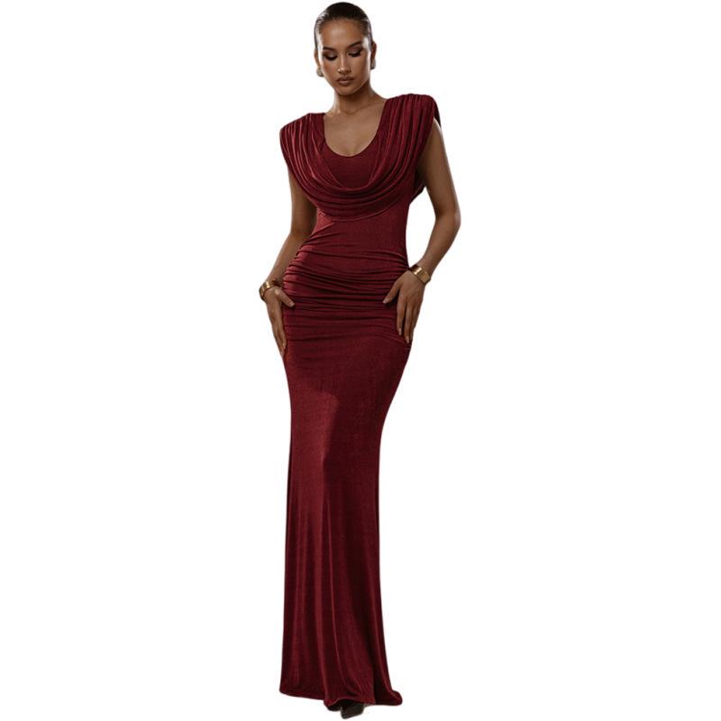 Women's Autumn Solid Color Cowl Neck Ruched Bodycon Dress