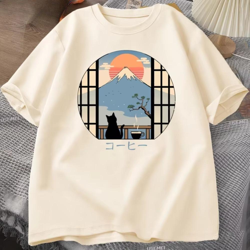 Coffee Cat Mount Fuji print TShirt men and Womens Crew Neck Short Sleeve JapaneseStyle Printed Loose Top