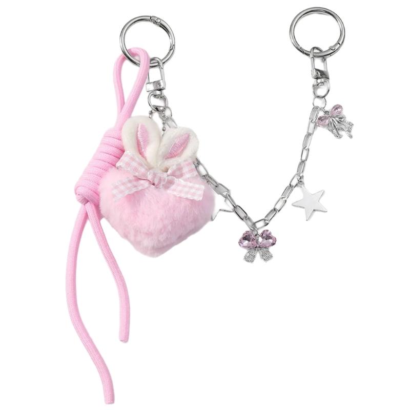 Fashion Bows Keyring Creative Car Key Chain Plush Pompoms Keychain Heart Keyrings Bag Pendant Ornaments Bag Charm