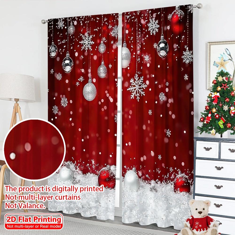 2D Flat Printing 2pcs Merry Christmas Scene Curtains Red and White Snowflakes Polyester Without Electricity Festive Wall Decor