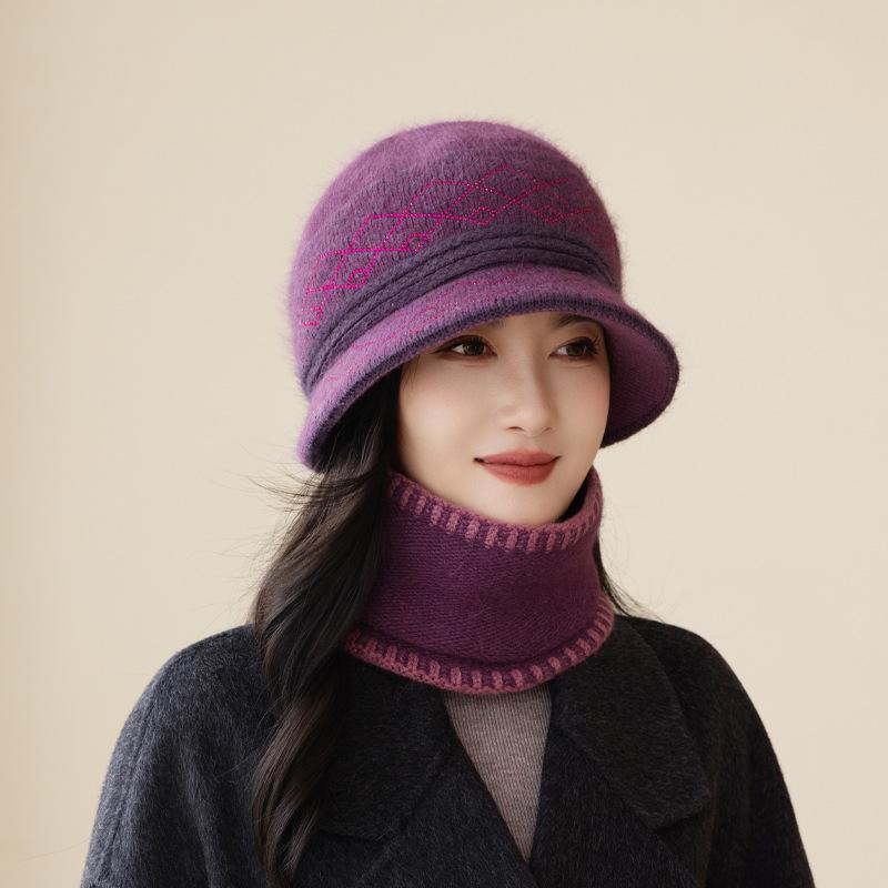 Autumn And Winter Women'S Purple Knitted Hat Scarf Set, Short-Brimmed Hat, High-Necked Scarf, A Must For Warm And Fashionable Temperament