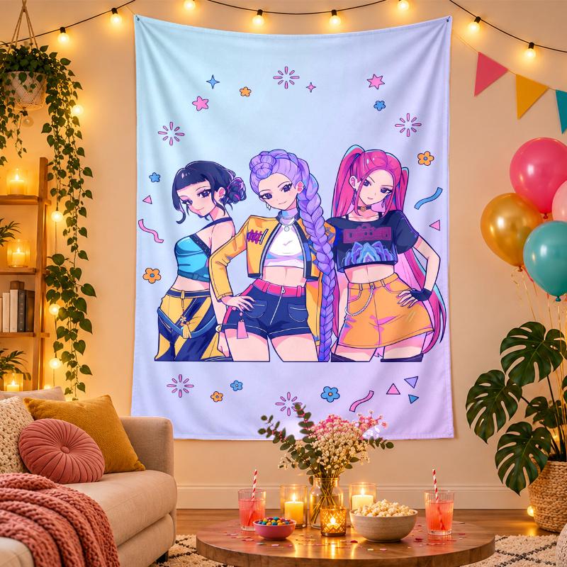 Polyester Wall Tapestry with Kpop Demon Hunters Design, Decorative Hanging for Bedroom Living Room Dorm