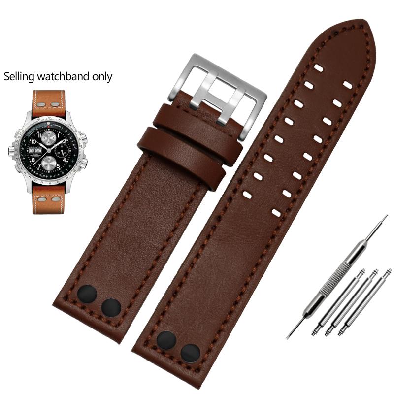 JEDNA Pasek do zegarka ze skóry naturalnej dla serii Hamilton Khaki Aviation Field Męski Pasek do zegarka Bransoleta z nitami Pasek Brązowy 20mm 22mmMN