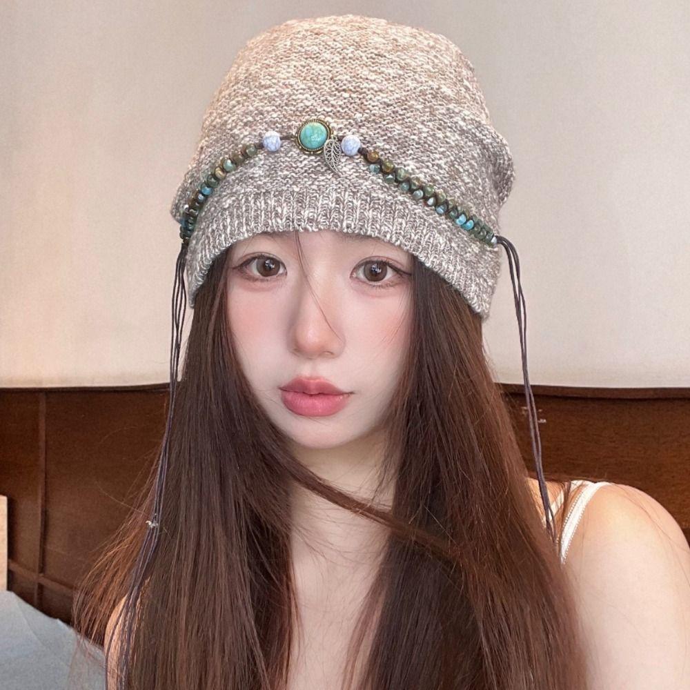 Ethnic Style Bohemian Beanies Hat Coldproof Jacquard Woolen Hat Casual Beaded Fringed Cap  Female