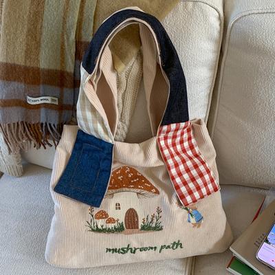 Autumn New Mushroom House Embroidery Niche Large-capacity Shoulder Bag Portable Travel Schoolgirl Bag Tote Bag