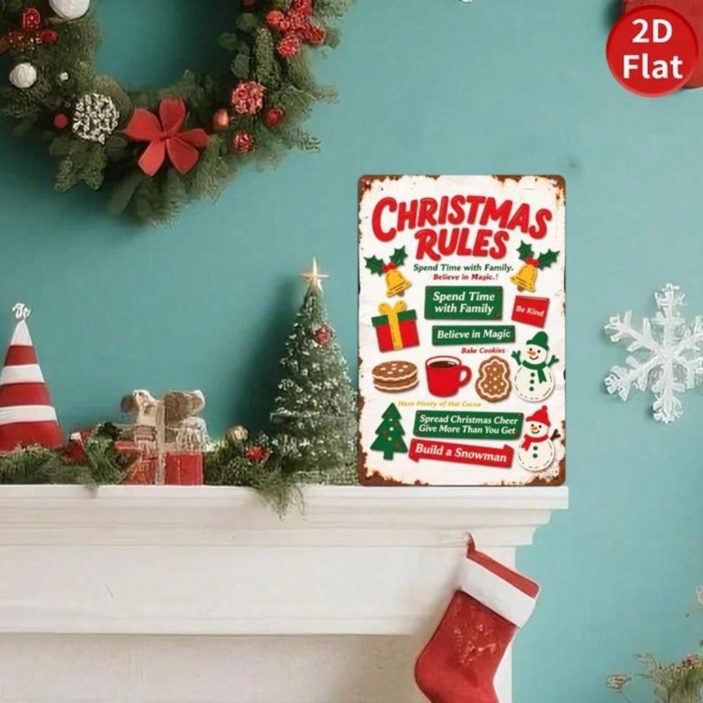 Vintage Christmas Rules Metal Tin Sign Holiday Home Wall Decor