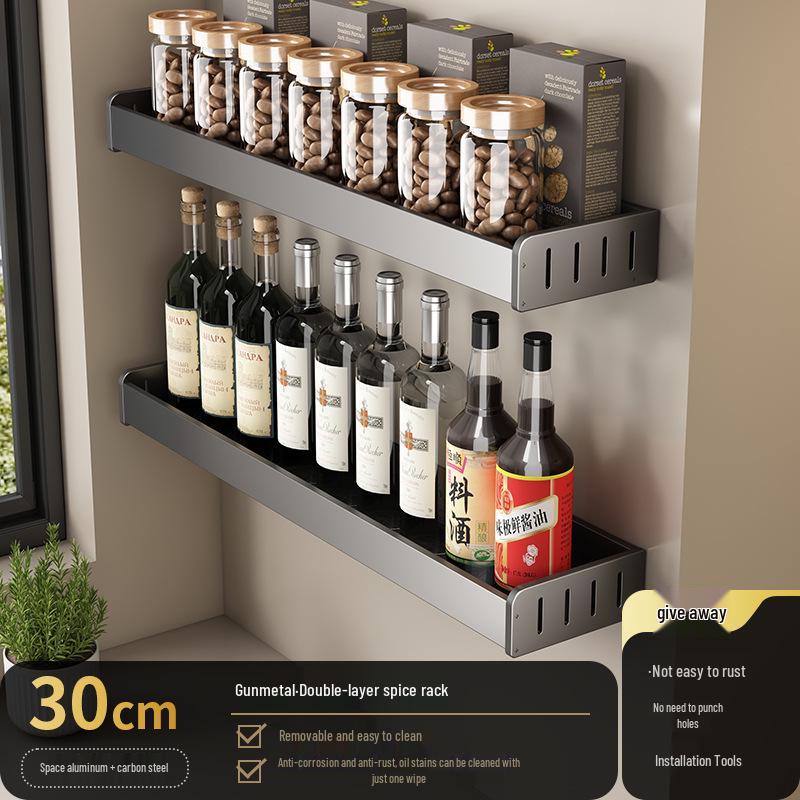 Gunmetal Gray Wall-Mounted No-Drill Kitchen Rack for Knives, Seasonings, and Cutting Boards