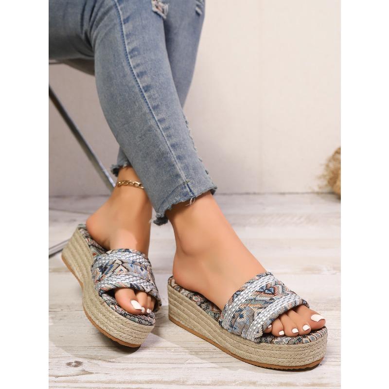 Bohemianowe sandały na platformie z koturnem w dużych rozmiarach, Letnie klapki z plecionej liny dla kobiet