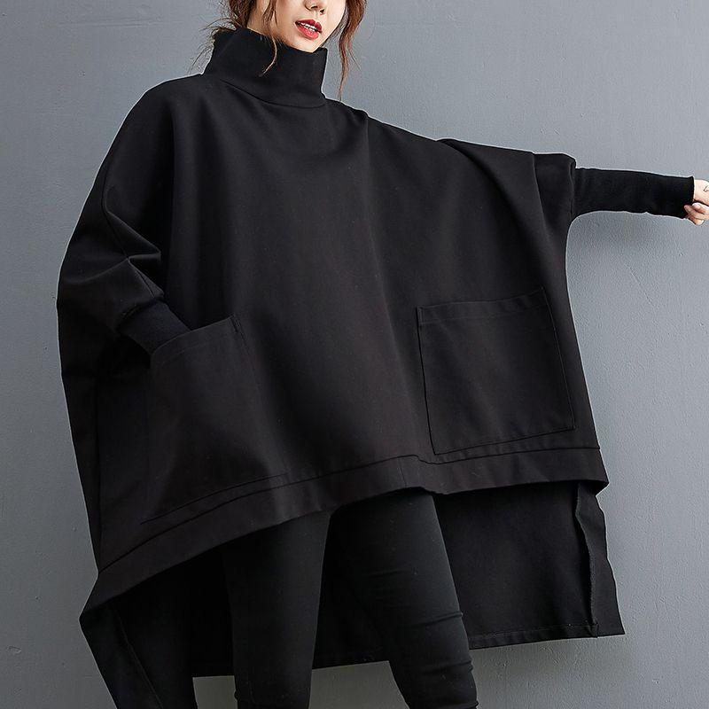 Store Størrelser Dame Uregelmessig Casual Svart Rullekragetopp Løs Høst Vinter Langermet Topper Oversized Genser