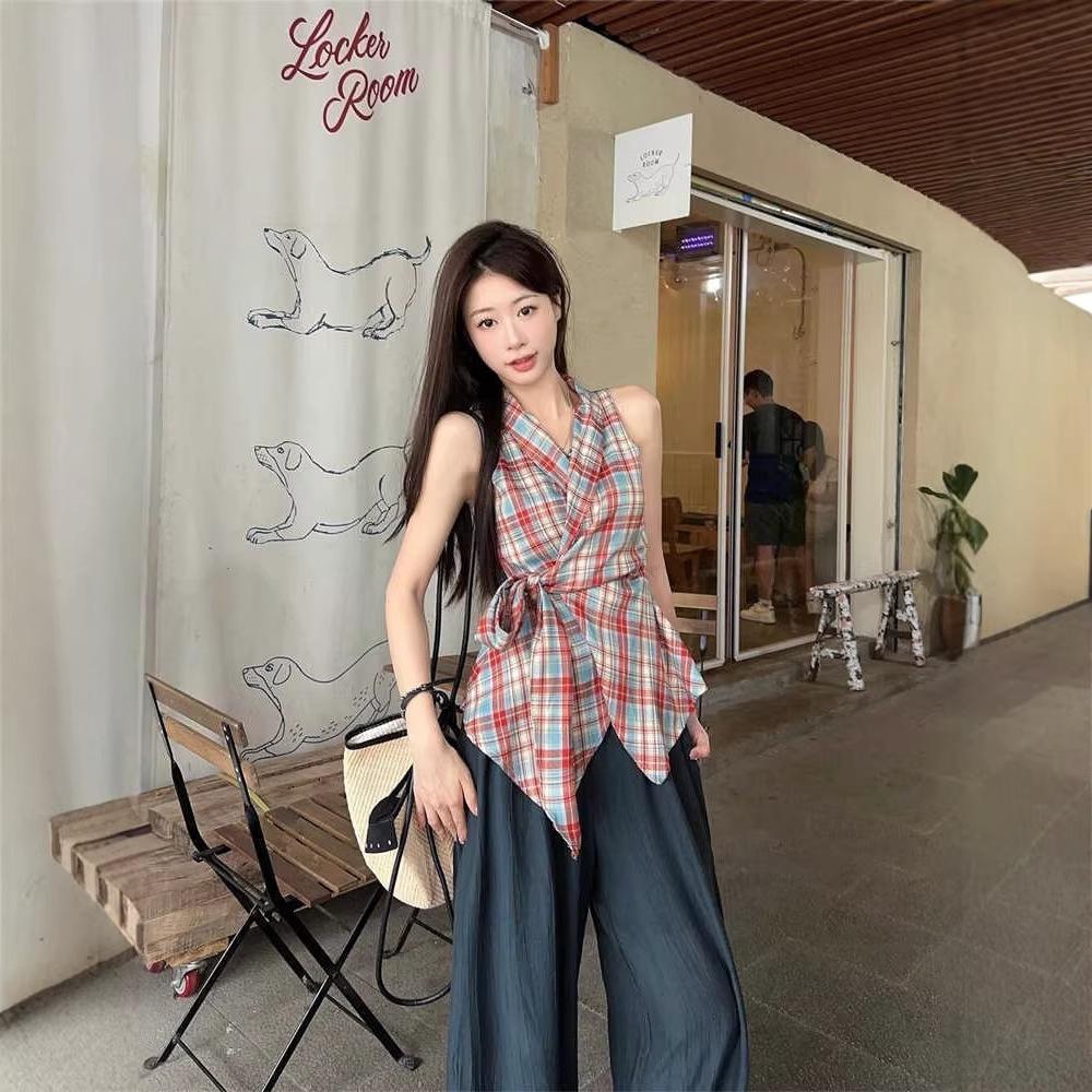 Summer design sense niche waist thin vest women's French retro plaid off-the-shoulder neck sleeveless top ins