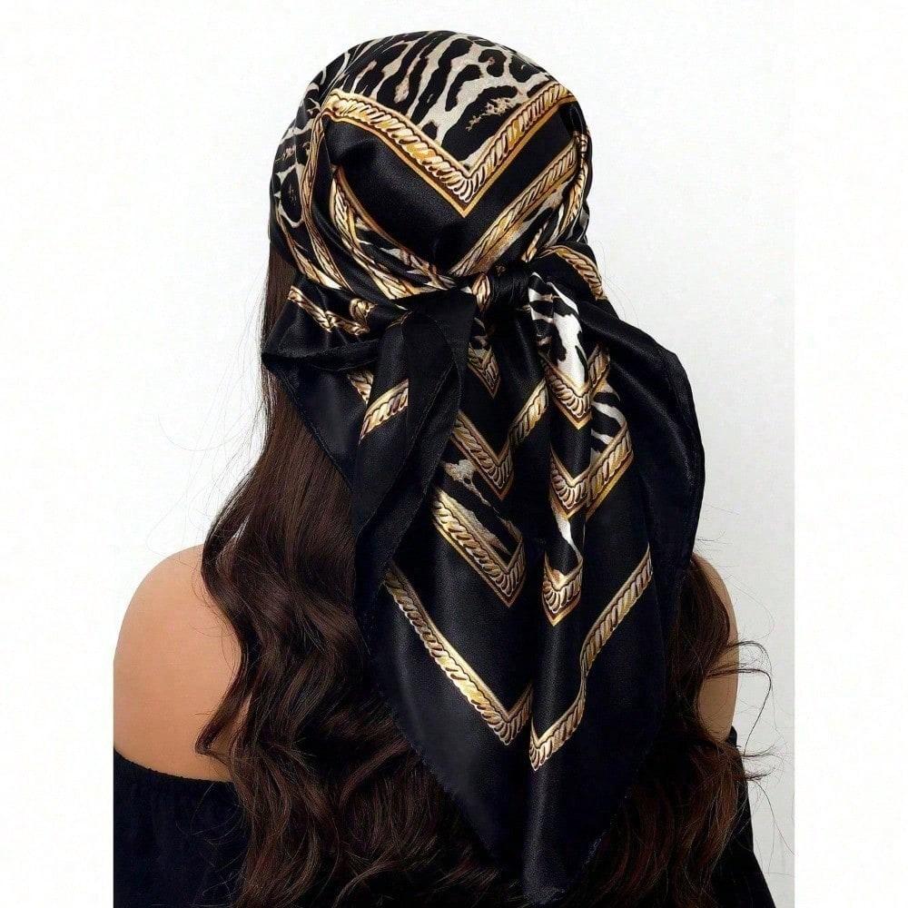 

1pc Square Scarf For Women - Fashion Printed Luxury Silk Feeling Shawl Neckerchief - Versatile All Season Scarf For Spring Fall Winter Summer чёрный