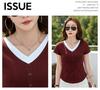 2026 Summer Women's Stylish V-neck Color Block Slim Fit Short-Sleeve Fake Two-Piece Top