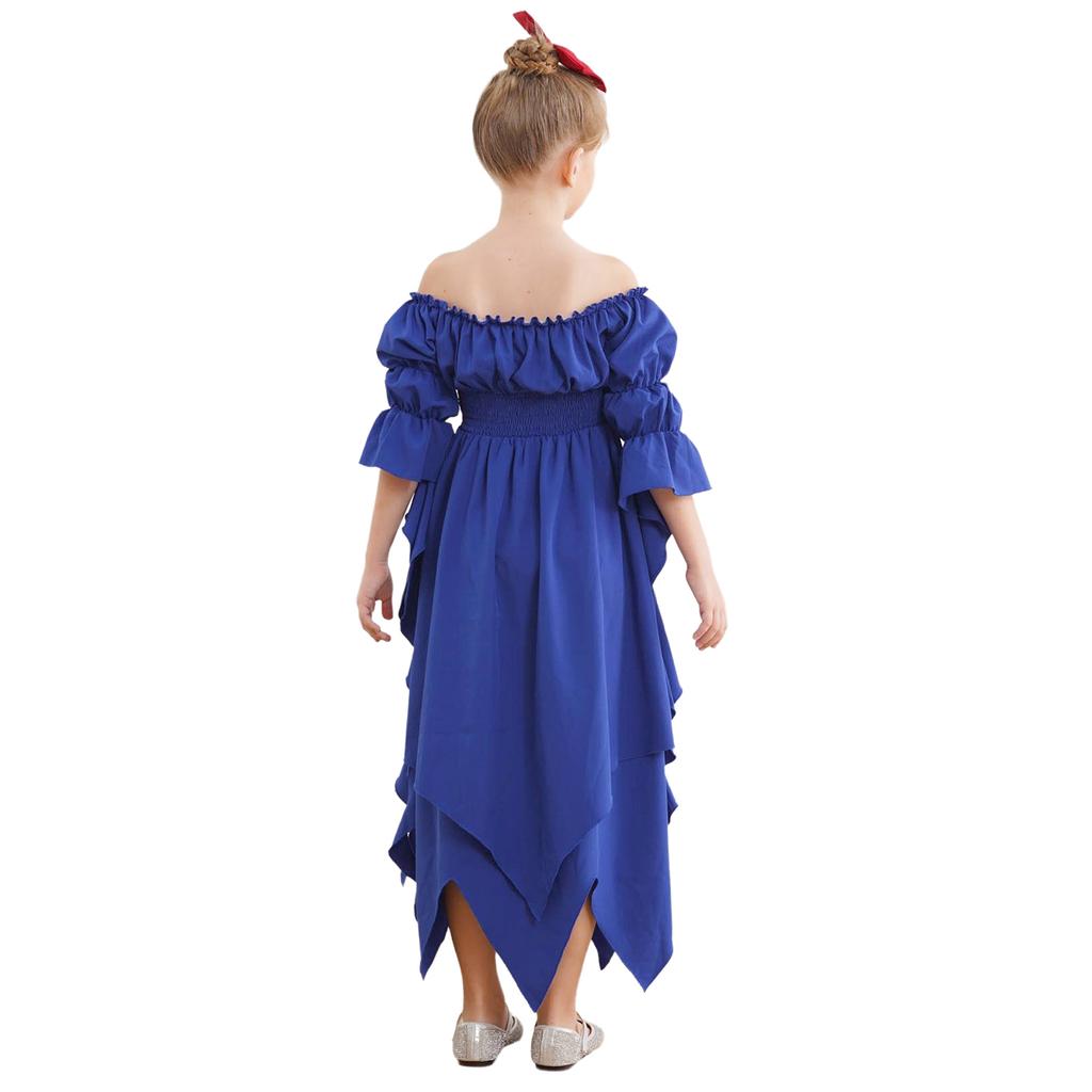 Girl's Renaissance Halloween Fancy Dress Costume Cold Shoulder Smocked Irregular Hem Dresses