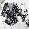 Women's Swimwear In a 3-Piece Leaf Plant Print Triangle Halter Neck Bikini Set with Cover Up Drawstring Side Overalls Jumpsuit